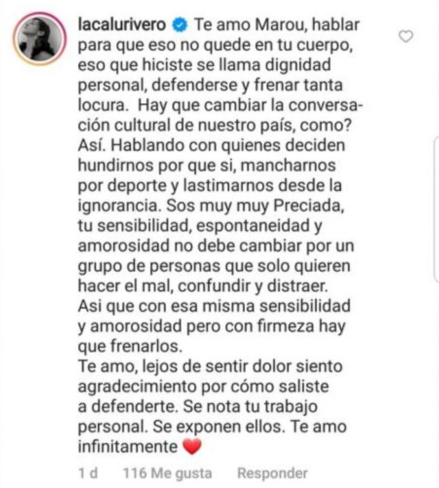 El comentario que Calu dejó en la publicación de su hermana.