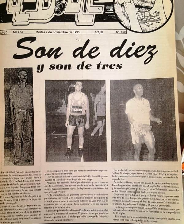 Revista El Doble. Un medio dedicado al básquet de Mendoza en la década del 90: 10 triples convirtieron Brioude, Colling y Jait. En 1996, se sumó Brozovix.