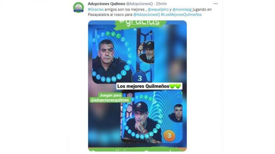 El agradecimiento de Adopciones Quilmes por la donación del ganador.