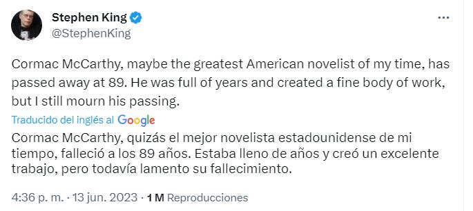 El mensaje de Stephen King - Gentileza Twitter