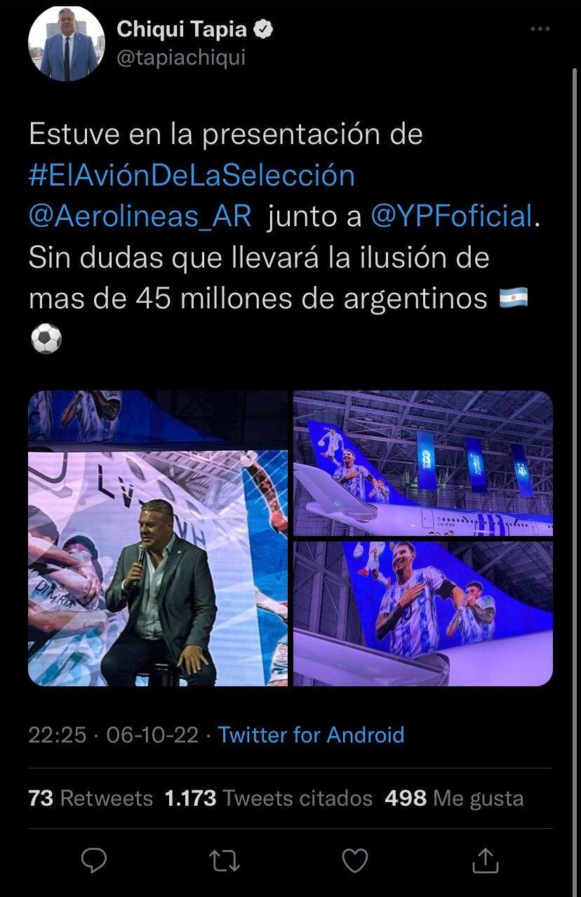 El twitter de Chiqui Tapia durante los incidentes La Plata. / Gentileza.