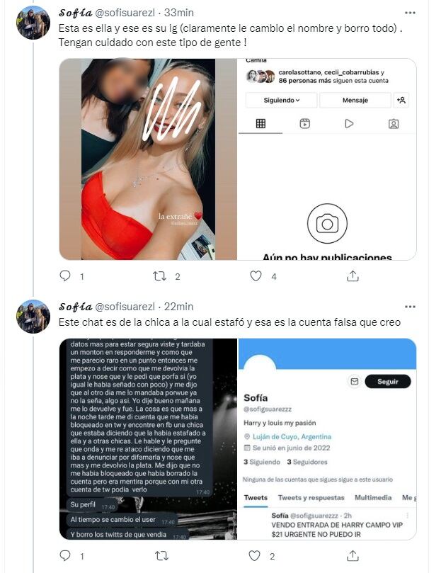 La denuncia de Sofía Suárez contra una "amiga" que usó su nombre y fotos para estafar gente (Twitter @sofisuarezl)