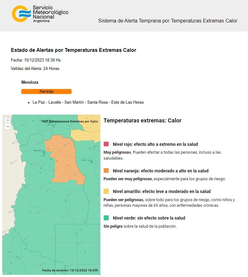 Estado de alerta por altas temperaturas del Servicio Meteorológico Nacional para este sábado 16/12/2023.