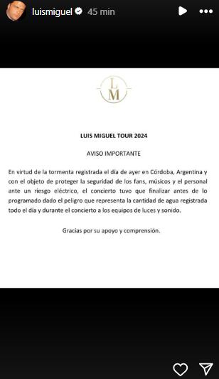 El comunicado de Luis Miguel tras el show en Córdoba. (Captura)