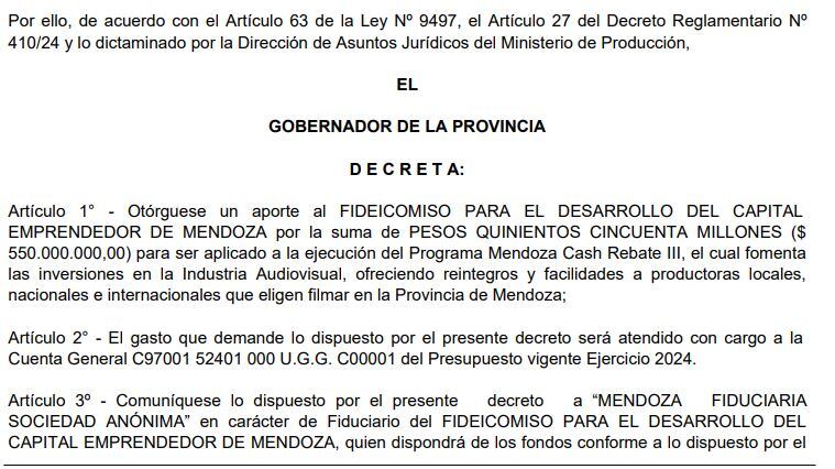 Fragmento del decreto publicado por el Boletín oficial de Mendoza.