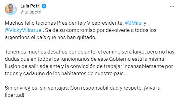 Luis Petri asumirá como ministro de Defensa de Javier Milei y expresó en las redes su optimismo de cara a lo que viene.