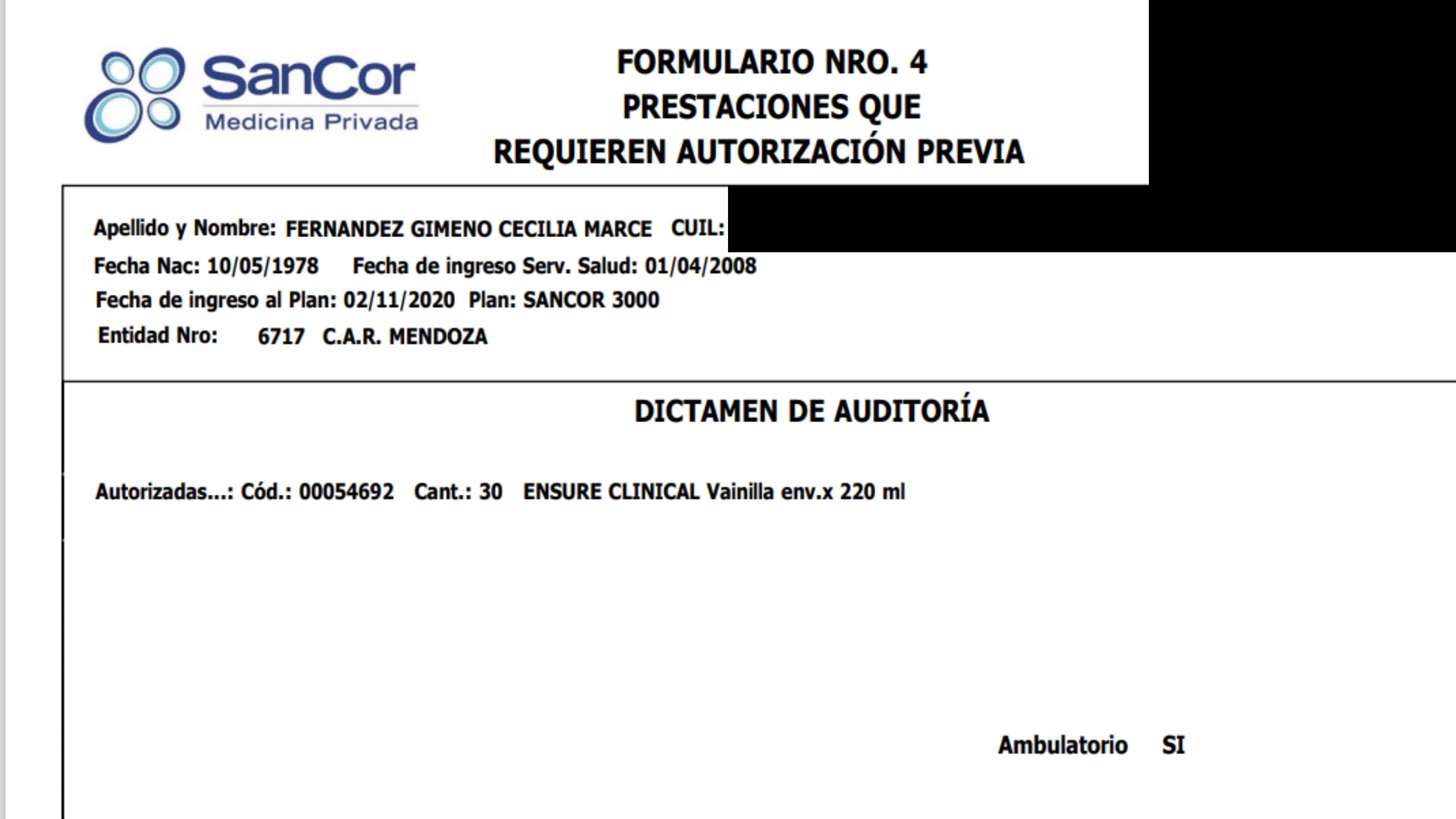 La orden que recibió esta tarde Cecilia, en la que autorizan la entrega del remedio, luego de que su caso se viralizara en las redes.