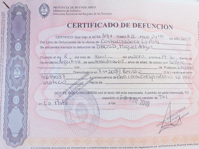 Miguel Ánguel Drozd, publicó el certificado de defunción de su padre. Foto: Gentileza