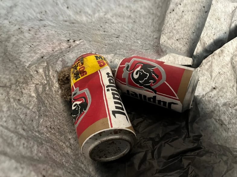 Un técnico de ascensores tiró a la basura una obra de arte de latas de cerveza al confundirla con desechos. Foto: Artnet News