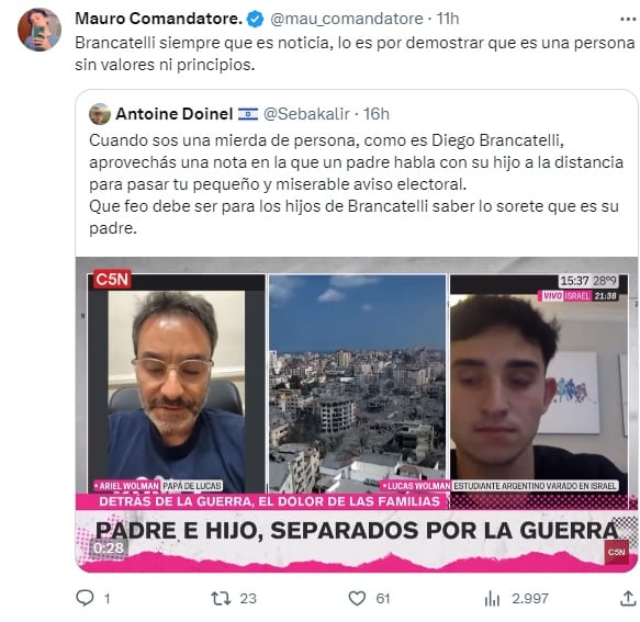 Diego Brancatelli quiso hacer campaña para Massa con los argentinos varados en Israel y lo ubicaron (X)