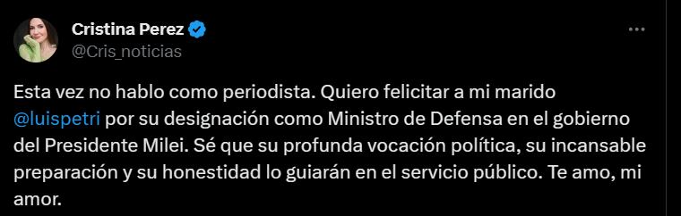 Cristina Pérez y su posteo tras conocerse la designación de su marido como Ministro de Defensa