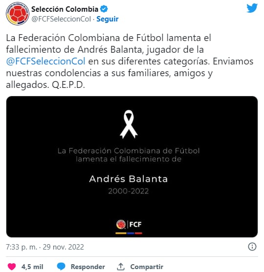 Las condolencias de la Selección de Colombia. Foto: Web