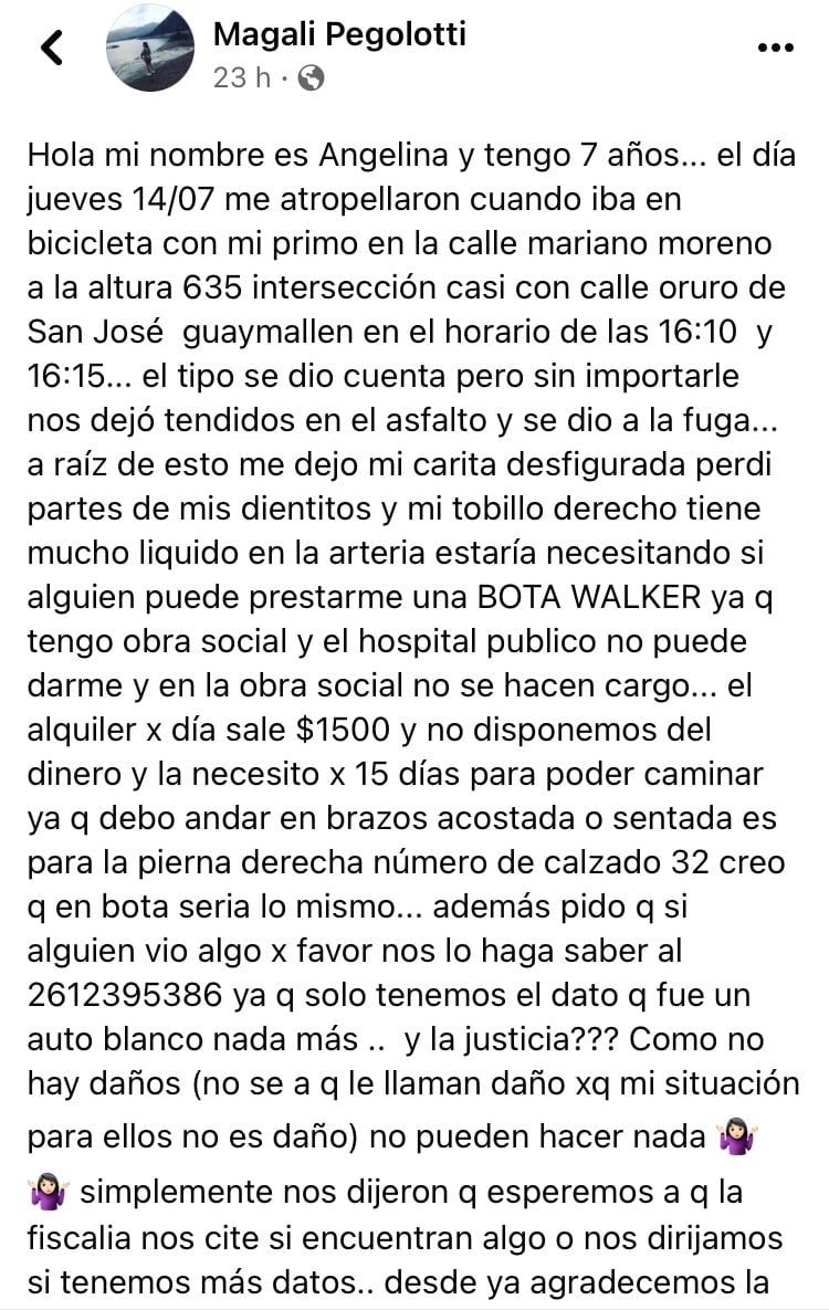 Piden ayuda para Angelina, una nena de 7 años que fue atropellada en Guaymallén.