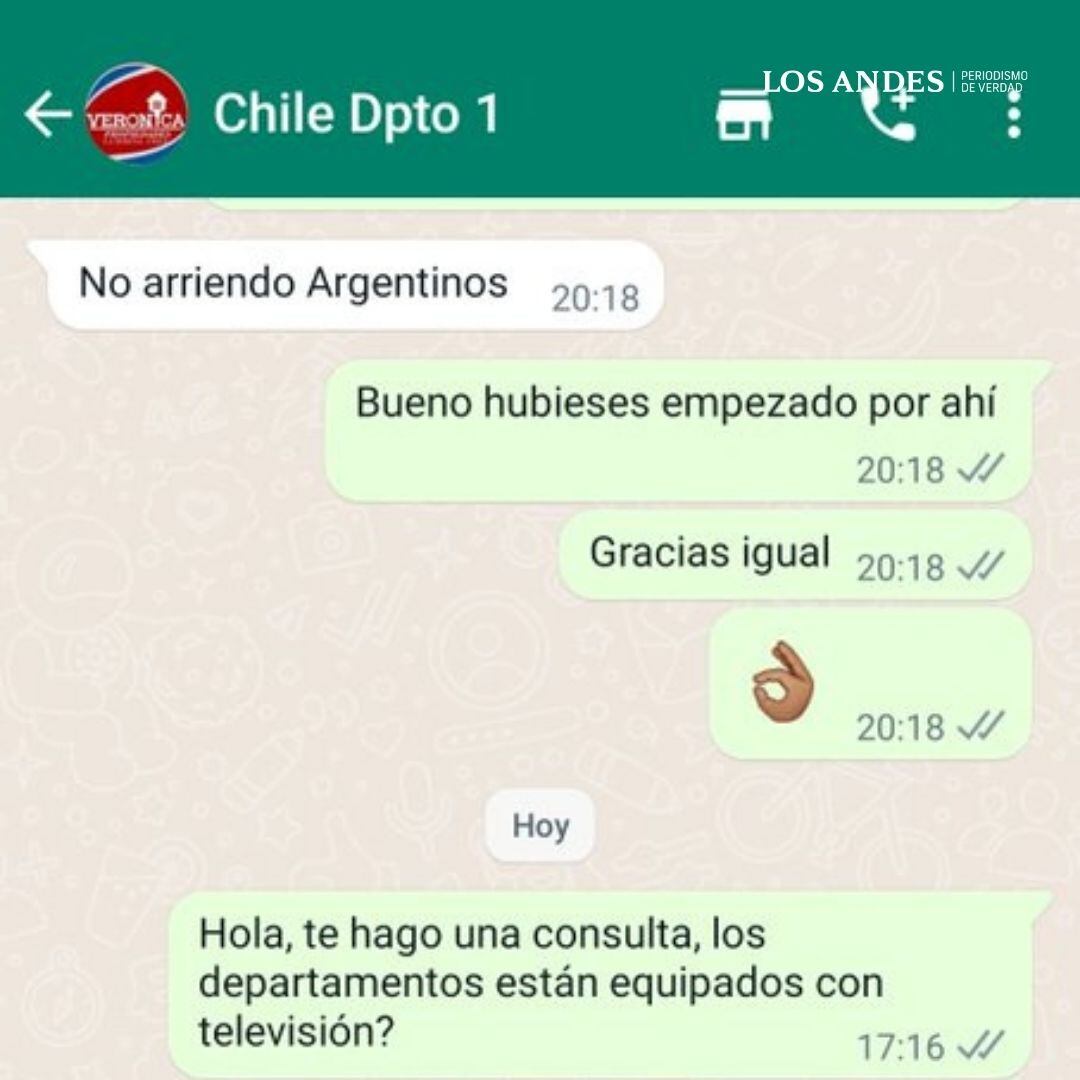 La conversación por WhastAspp de una argentina con una chilena que no quiso alquilarle un departamento".