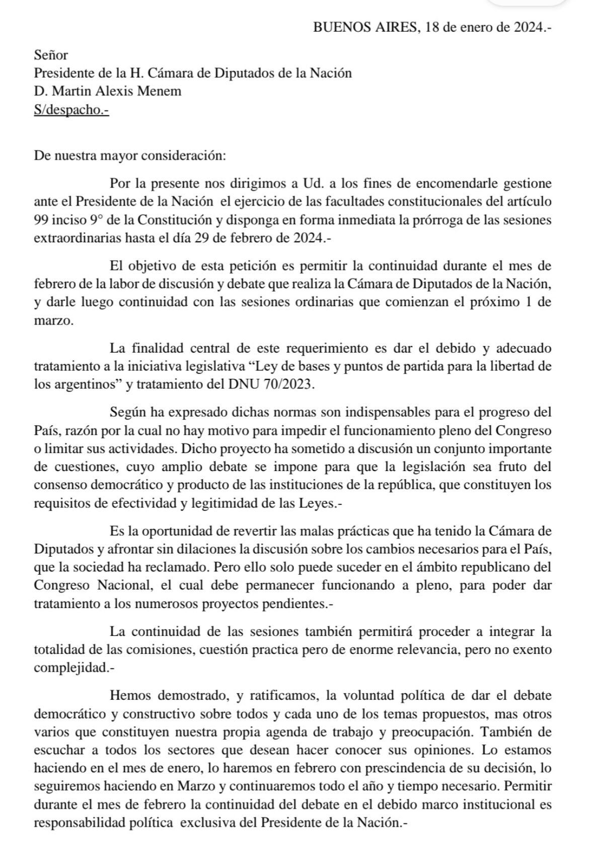 La nota de los diputados radicales pidiendo la prórroga de las sesiones extraordinarias.