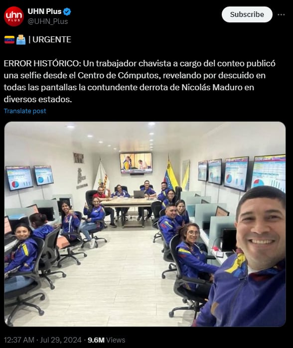 La imagen de la que ahora habla el mundo tras varias denuncias de fraude en Venezuela. Captura: X / @UHN_Plus