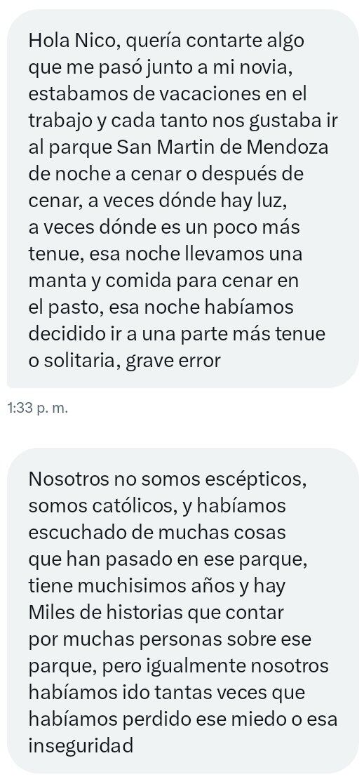 El relato que el joven mendocino le envió al periodista sobre su experiencia paranormal en el parque San Martín.