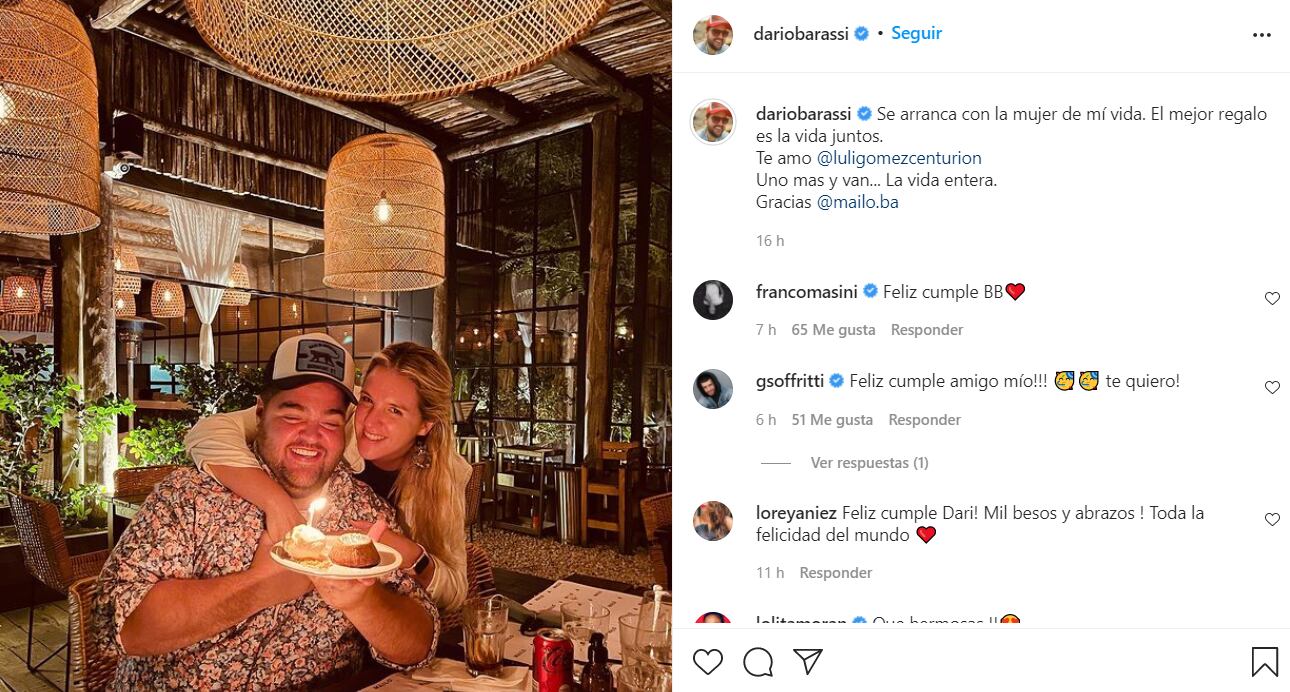 Darío Barassi recibió los 38 con una cita muy especial junto a su mujer.