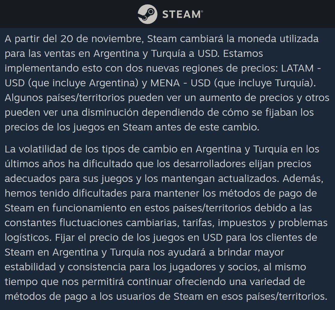 El comunicado de Steam sobre el cambio de precios.