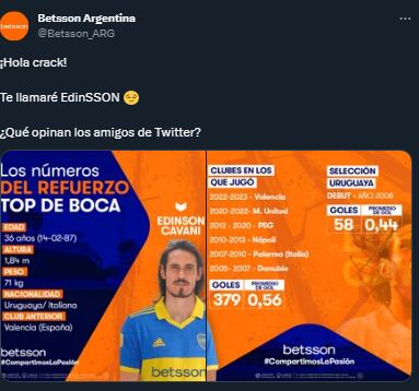 El apodo de Betsson a Cavani