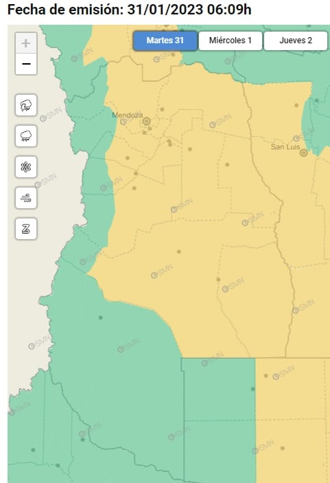 Alerta amarilla por tormentas en Mendoza (31/01) / SMN