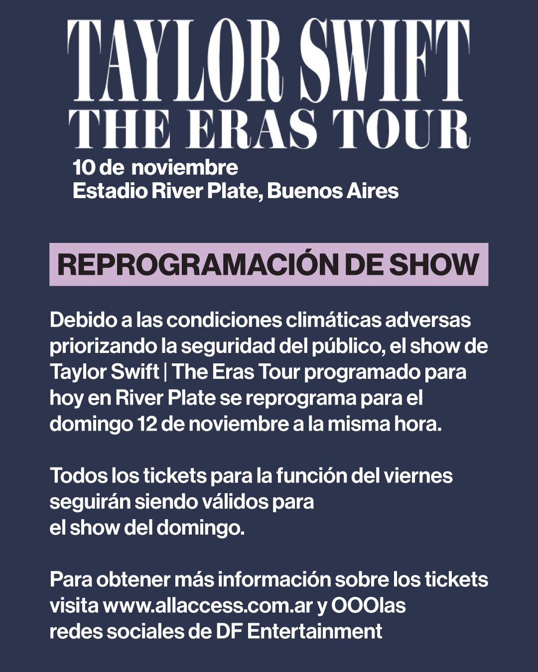 El show de Taylor Swift fue reprogramado para el día domingo 12 de noviembre a la misma hora. (Foto: DF Entertainment)