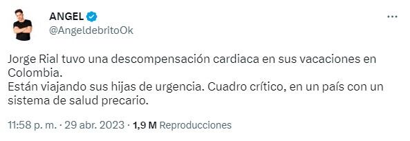 Así dio la noticia Ángel de Brito en su cuenta de Twitter. Foto: captura de pantalla.