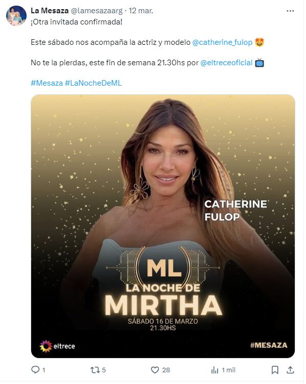 Cathy Fulop estará en la mesaza de Mirtha