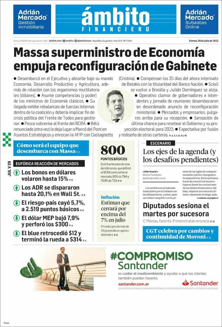 Sergio Massa llega al Gabinete. Las tapas de los diarios.