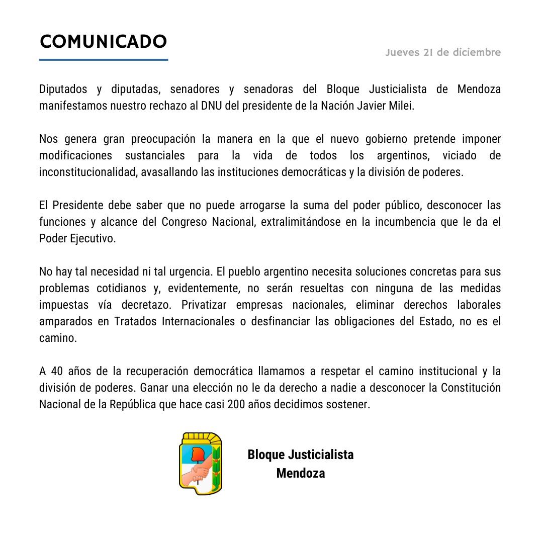 Diputados y senadores peronistas de Mendoza rechazaron el DNU nacional.