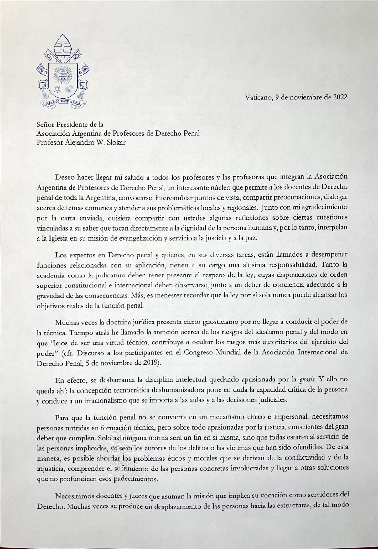 Carta del papa Francisco a profesores argentinos de Derecho Penal