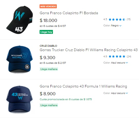 Productos de merchandising de Franco Colapinto y Williams que se venden en las e-commerce. Foto: captura.