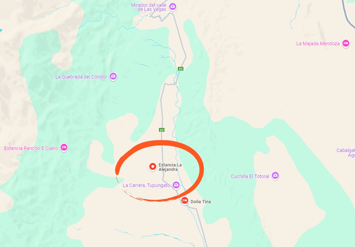 Un joven de 22 años murió tras volcar en su camioneta en Tupungato (cercanías al hecho). Captura: Maps