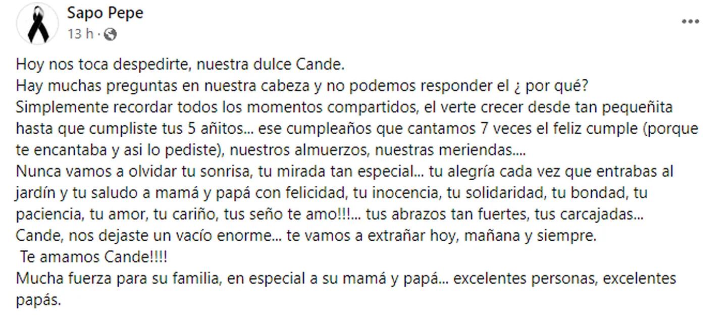 El desgarrador mensaje del jardín de infantes al que concurría Candelaria.