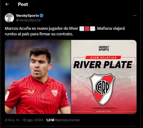 Marcos Acuña será jugador de River