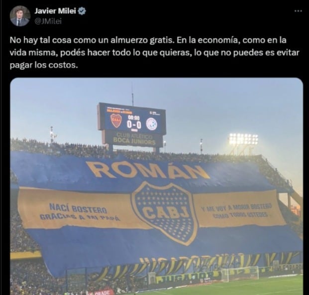 El posteo de Milei tras la derrota de Boca ante River en el Superclásico. / Gentileza.