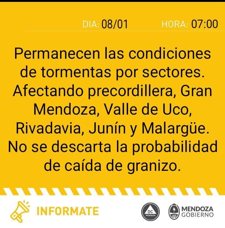 Alerta amarilla por tormentas con granizo en Mendoza.