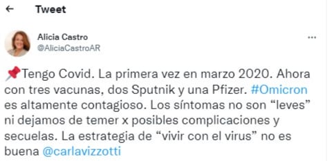 Alicia Castro cartó contra Carla Vizzotti por la gestión de la pandemia.