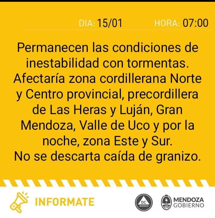 Alerta amarilla por tormentas en Mendoza.