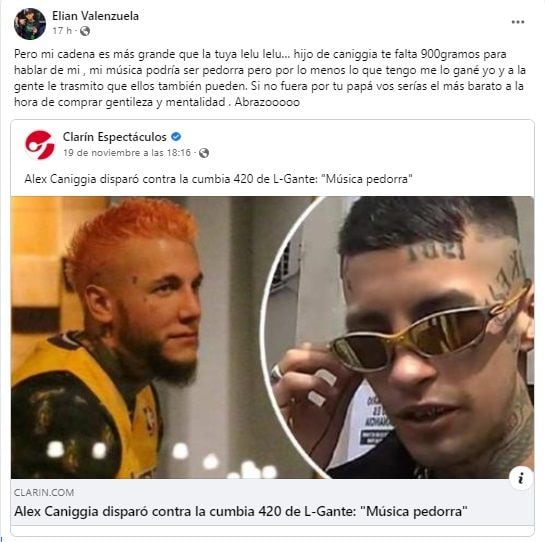 La publicación de L-Gante contra Alexander Caniggia.