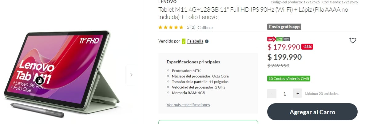 La tienda de Falabella ofrece una tablet Tablet M11 4G Full HD a un precio promocional de $199.990 chilenos.