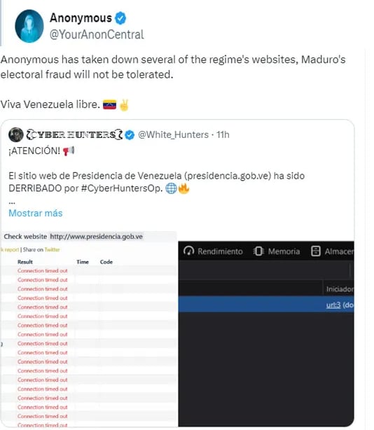 Anonymous derribó sitios oficialistas de Venezuela y llamó a poner al Ejército en contra de Maduro para derrocarlo. Captura: Perfil