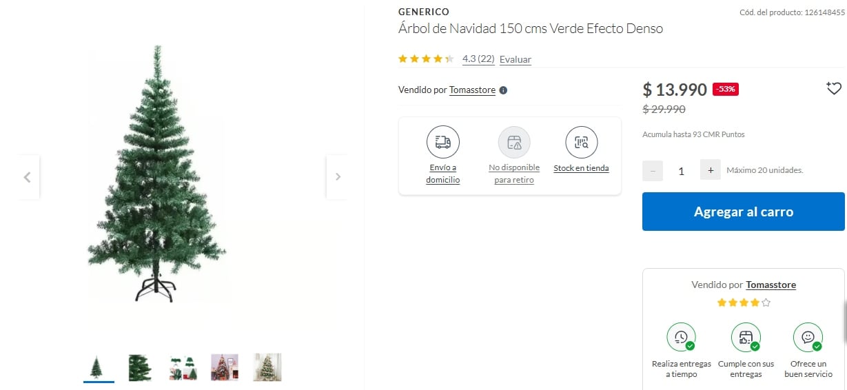 Un árbol de Navidad de 150 cms color verde, disponible en Sodimac por $13.990 chilenos, con un 53% de descuento.