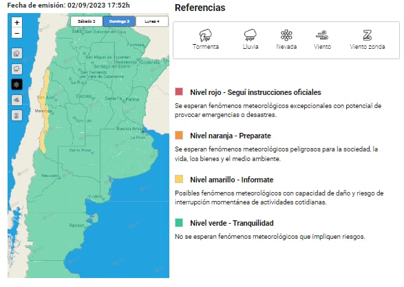 Alerta amarilla en la cordillera mendocina: Gentileza: captura de pantalla Servicio Meteorológico Nacional.