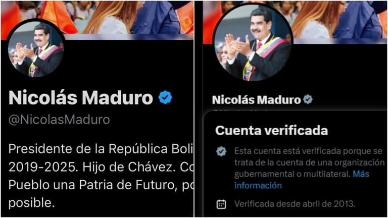 Maduro poseía la verificación plateada que indica que es una cuenta relacionada con una organización gubernamental, sin embargo, se lo quitaron y ahora solo tiene el azul al cual puede acceder cualquier persona pagando una suscripción.