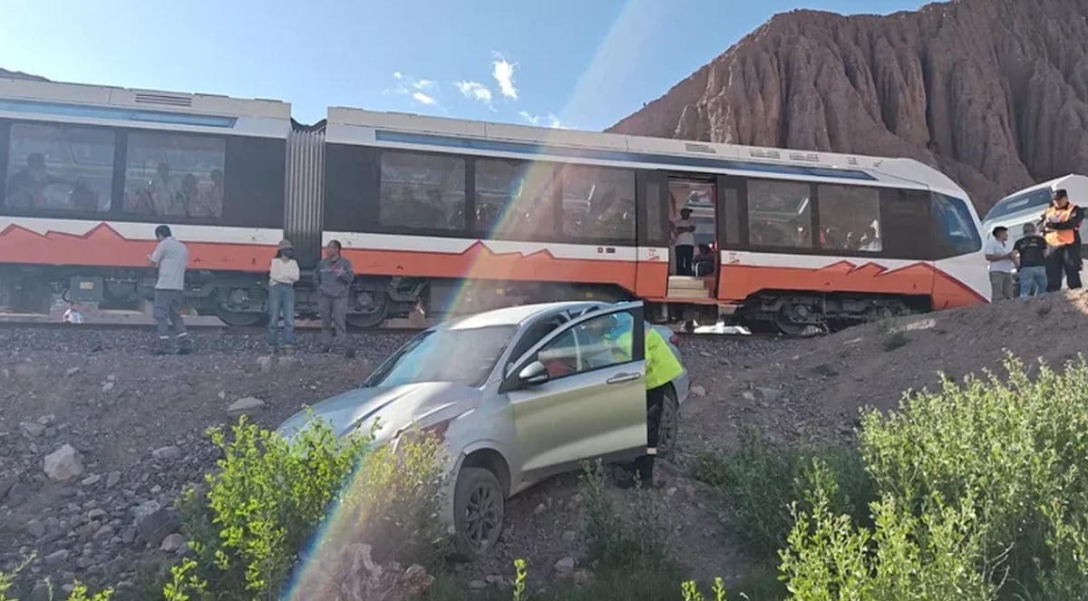 El tren solar protagonizó un violento choque con un auto que cruzó las vías y fue arrastrado por la formación. (Foto: NA).