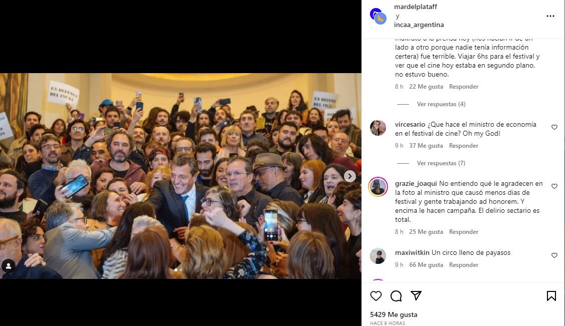 Massa convirtió al Festival de Cine de Mar del Plata en un acto partidario y estalló la polémica / Instagram @mardelplataff