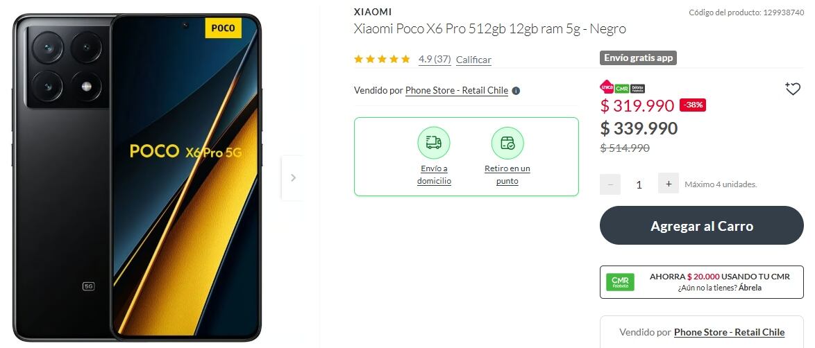 La tienda de Falabella ofrece un Xiaomi Poco X6 Pro a un precio promocional de $319.990 chilenos.