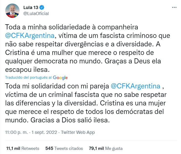 El expresidente de Brasil, Lula Da Silva, expresó su solidaridad con Cristina Fernández de Kirchner.