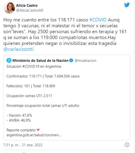 Alicia Castro cartó contra Carla Vizzotti por la gestión de la pandemia.